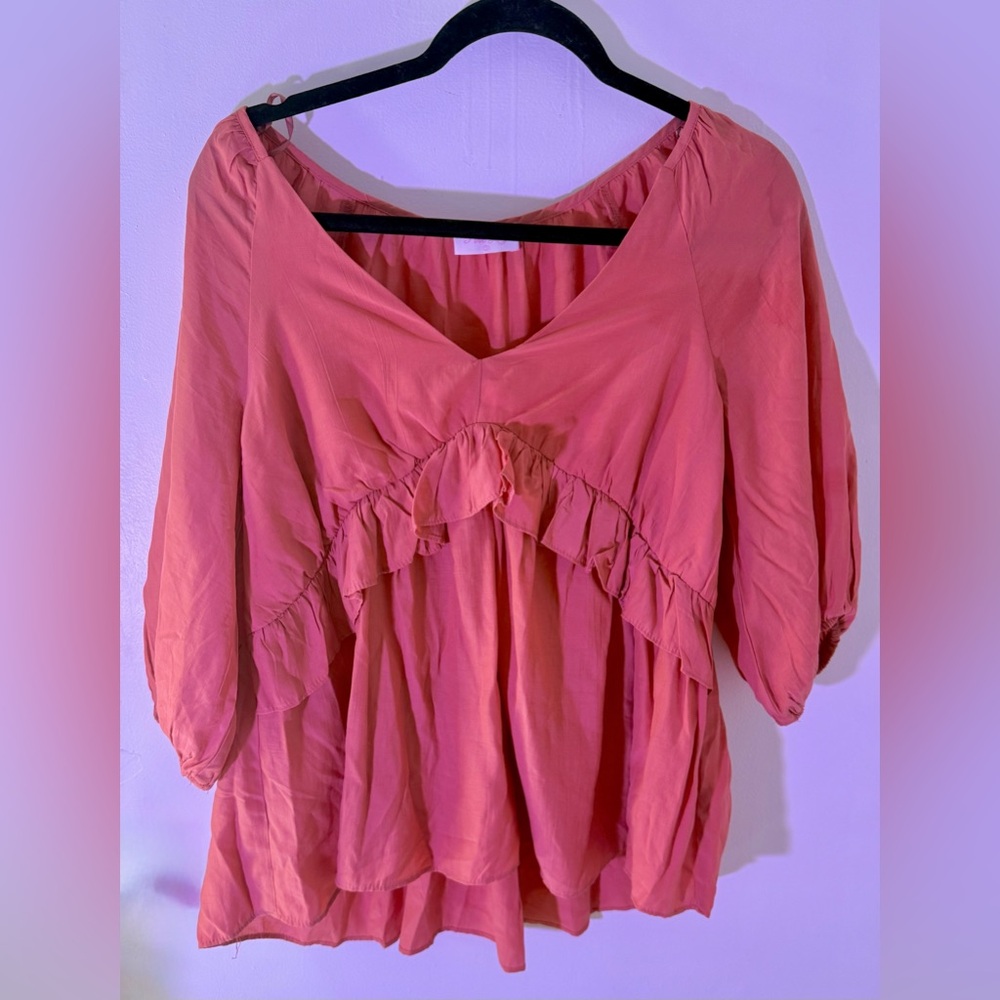 Pink Lily Coral Ruffle Blouse